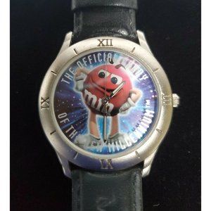 Red M&M 1998 Limited Edition Unisex Wrist Watch Black Leather Band  New Battery